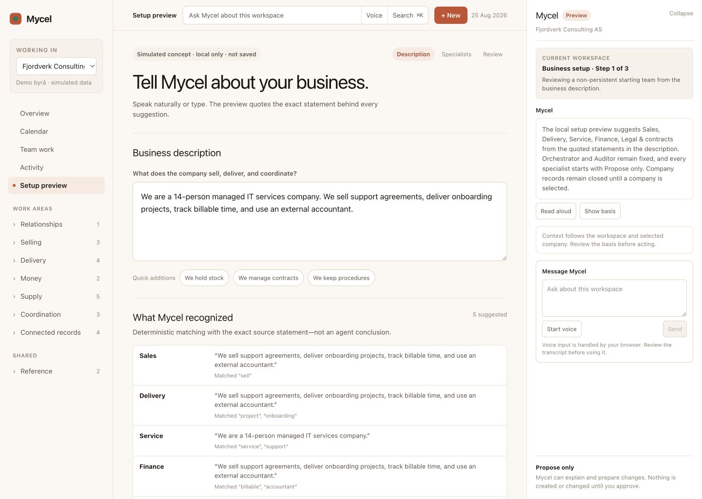 Mycel graph-native ERP setup screen with work areas, source-backed suggestions and a specialist side panel