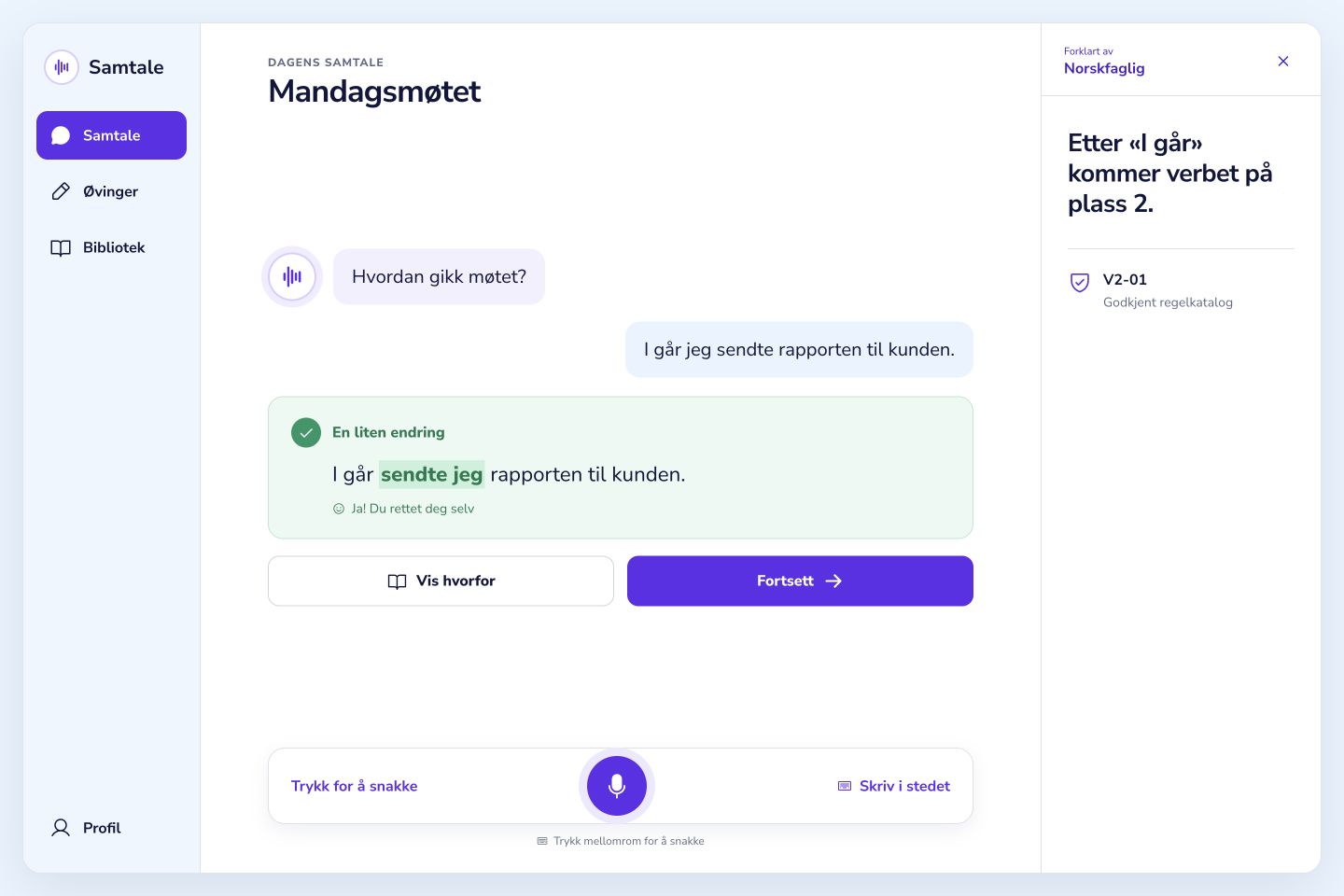 Samtale Norwegian learning prototype with a conversational correction and cited grammar rule