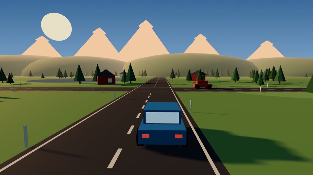 VeiVei browser-engine proof of a low-poly Norwegian driving world