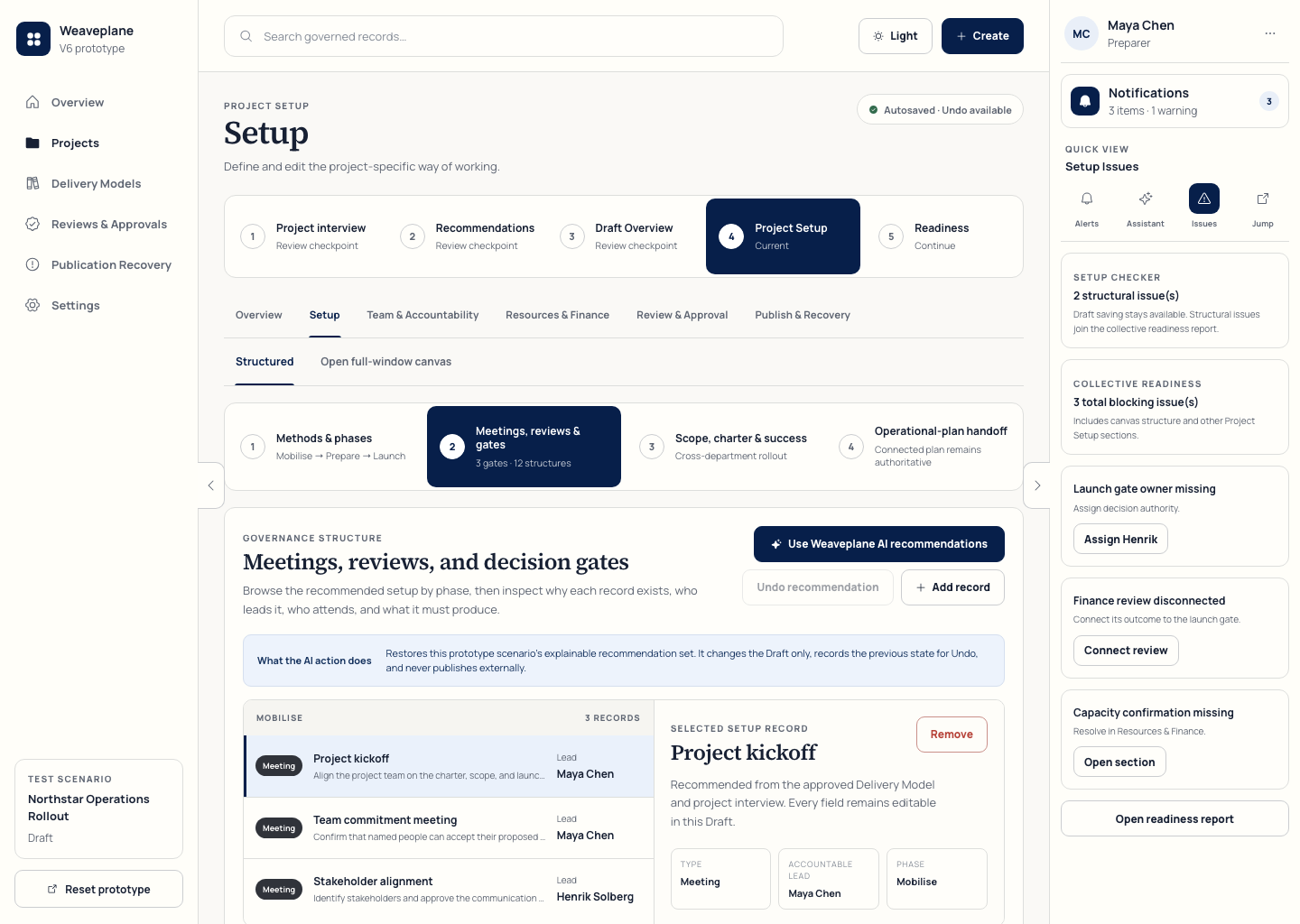 Actual Weaveplane v6 Project Setup prototype showing governed setup records and decision gates